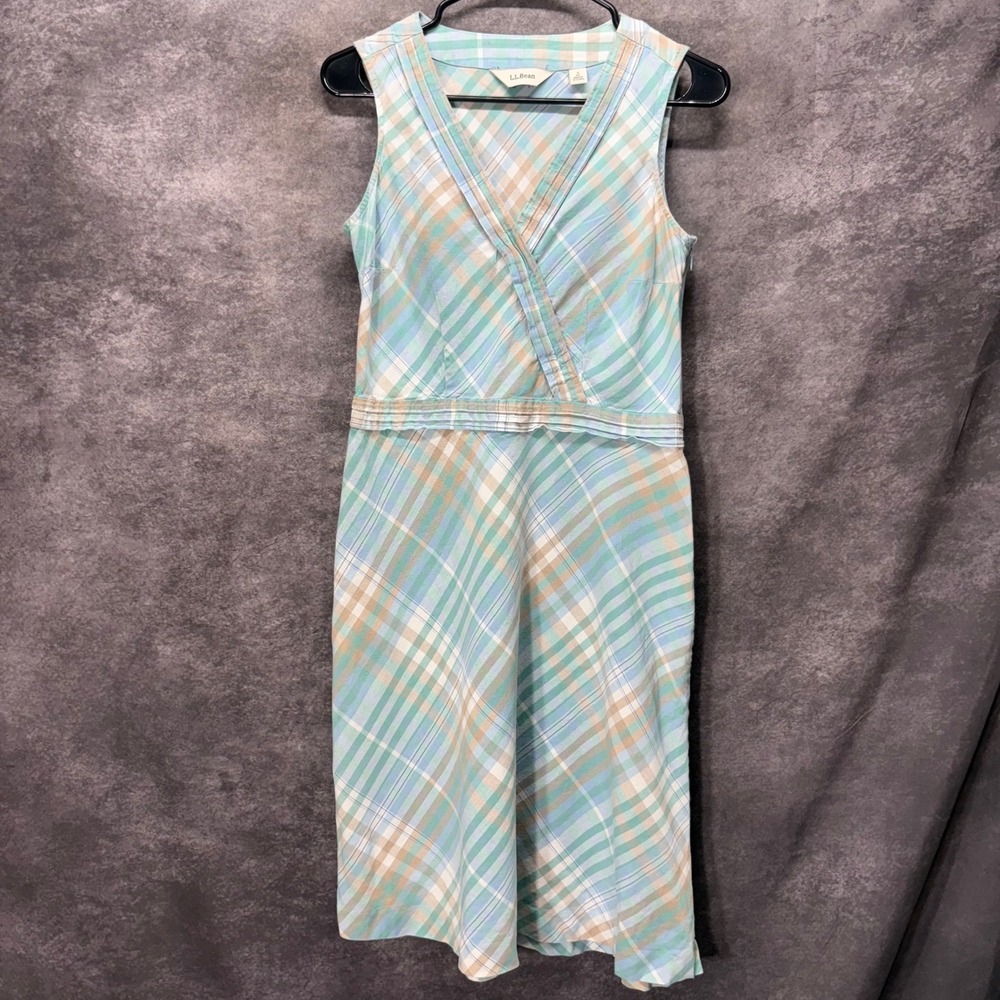 Y2K LL Bean Pastel Plaid Sleeveless Dress Size 8 Linen Blend Preppy Coastal